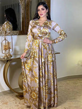 Fashion Party Muslim Woman Dress Casual Printing Sashes V-Neck Full Sleeve Chic Ethnic Abaya Female Dubai Long Clothing Gray Dress